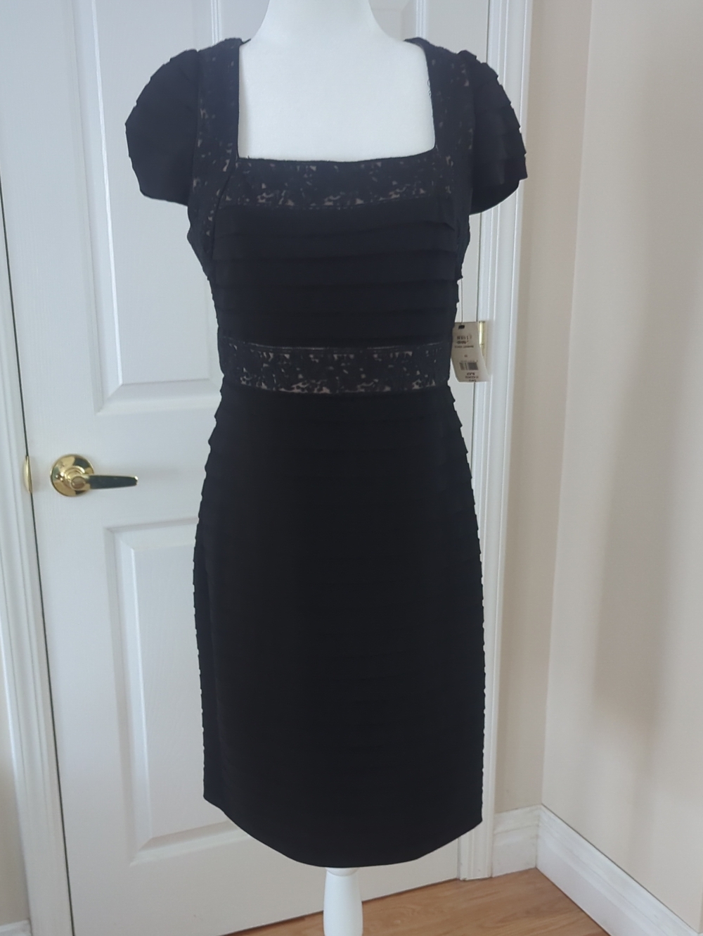 Saks Fifth Avenue Black Square-Neck Lace-Trim Sheath Dress